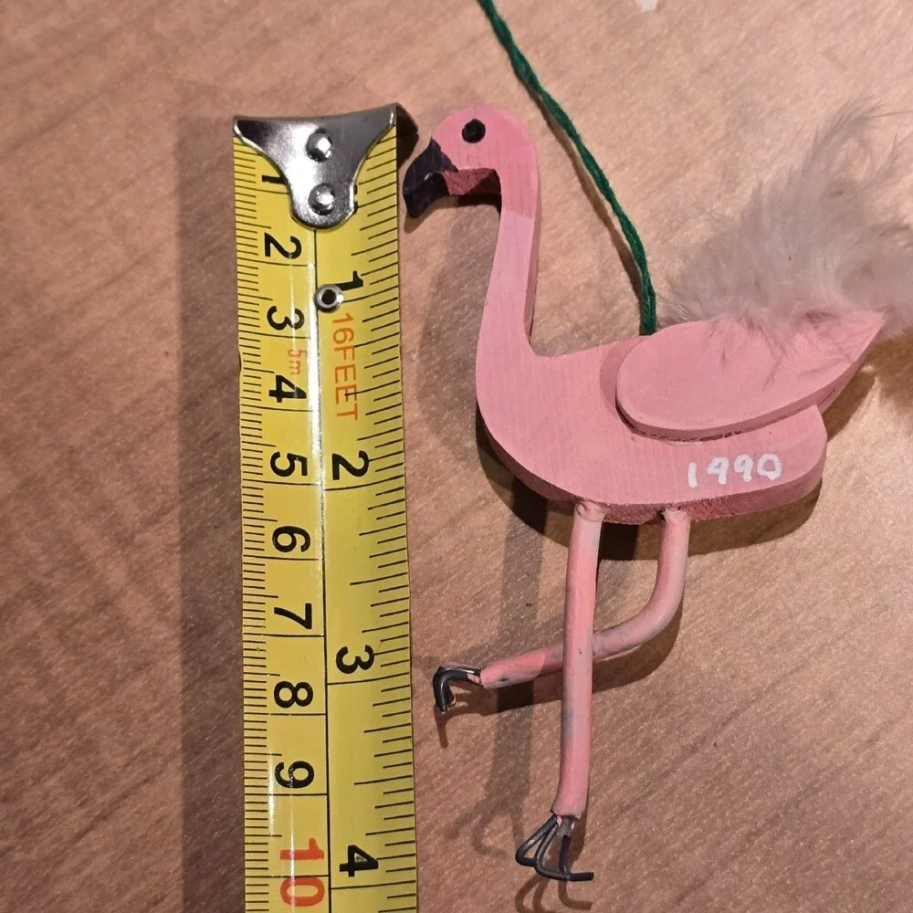 Wooden Flamingo Ornament Hanging Real Feather Pink Fork‎ Feet Handmade 1990